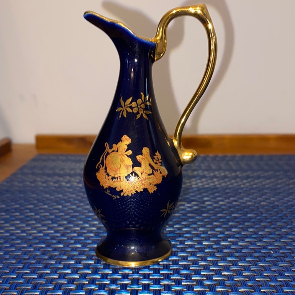 Bardet Limoges France Cobalt with Gold Victorian People Design Mini Ewer 4"